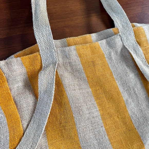 Saardé 100% Natural Woven Jute Market Bag in Mustard Stripe - Beach Pool Tote - Picture 6 of 15